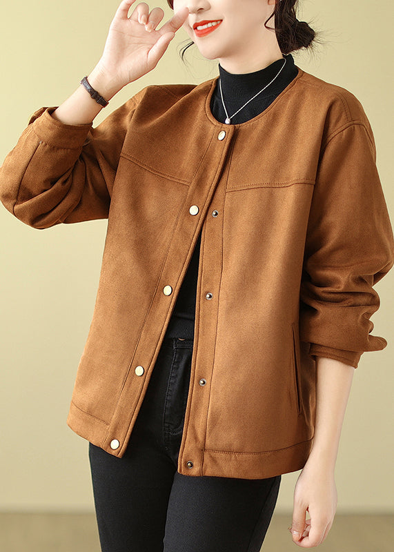 Camel Faux Suede Jacket O-Neck Oversized Spring