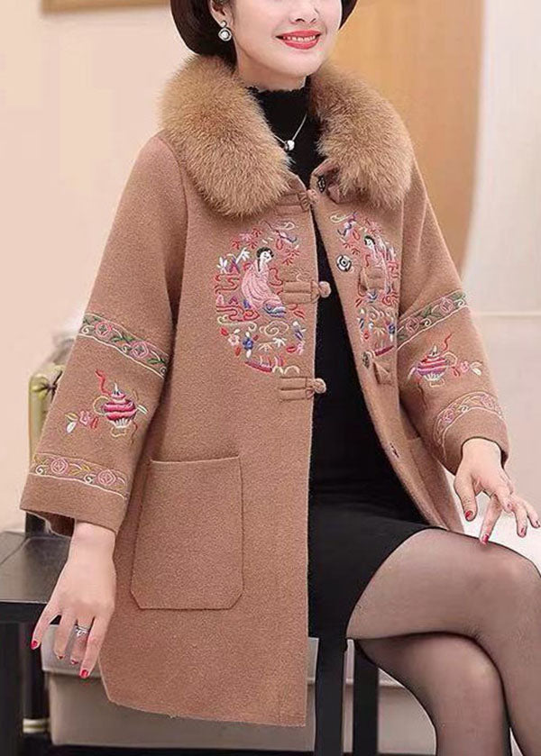 Camel Warm Woolen Coats Faux Fur Collar Embroidered Pockets Winter