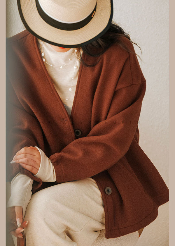 Caramel Oversized Woolen Coats V Neck Solid Winter