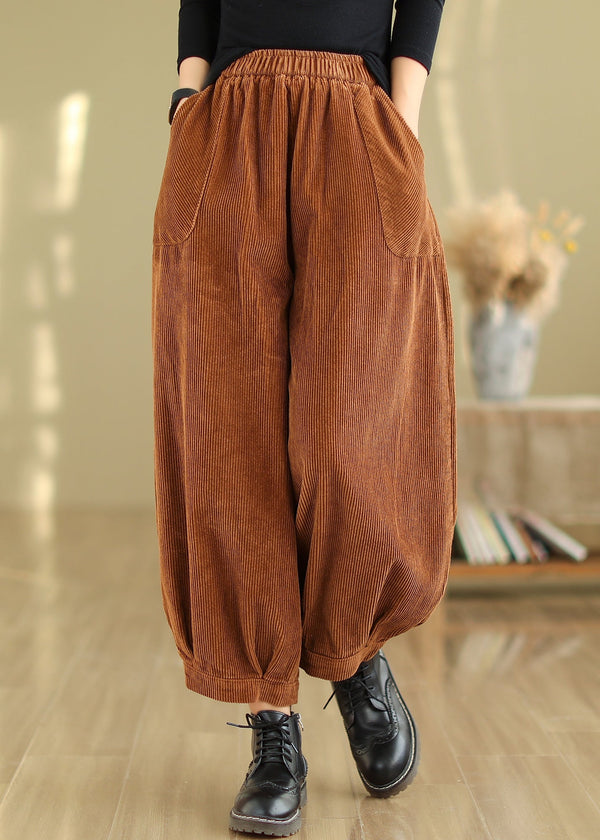 Caramel Pockets Patchwork Corduroy Pants Elastic Waist Fall