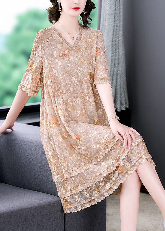 Casual Apricot Embroidered Patchwork Lace A Line Dress Summer