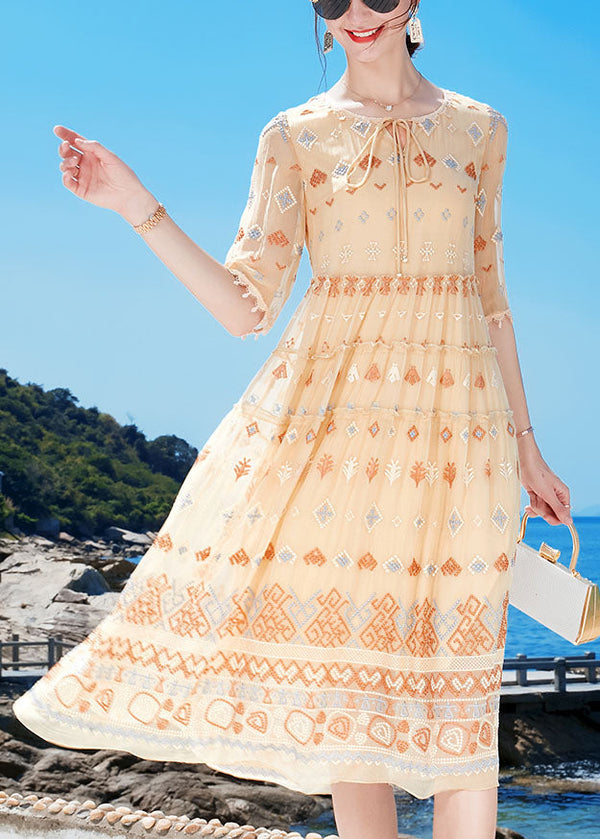 Casual Apricot O-Neck Ruffled Print Tassel Silk Holiday Dress Half Sleeve