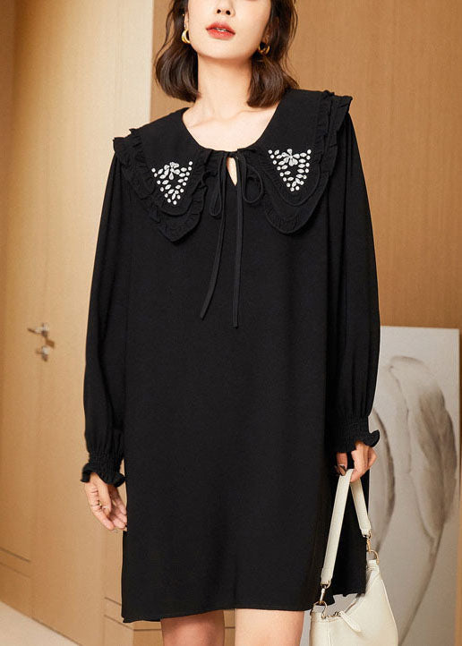 Casual Black Double-Layer Collar Lace Up Cotton Mid Dress Spring