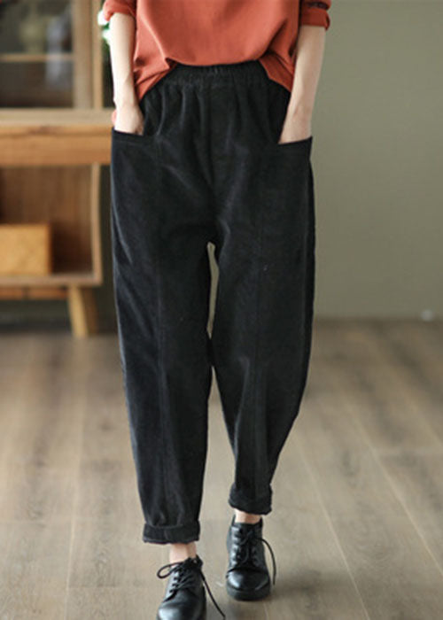 Casual Black Elastic Waist Patchwork Pockets Corduroy Pants Spring