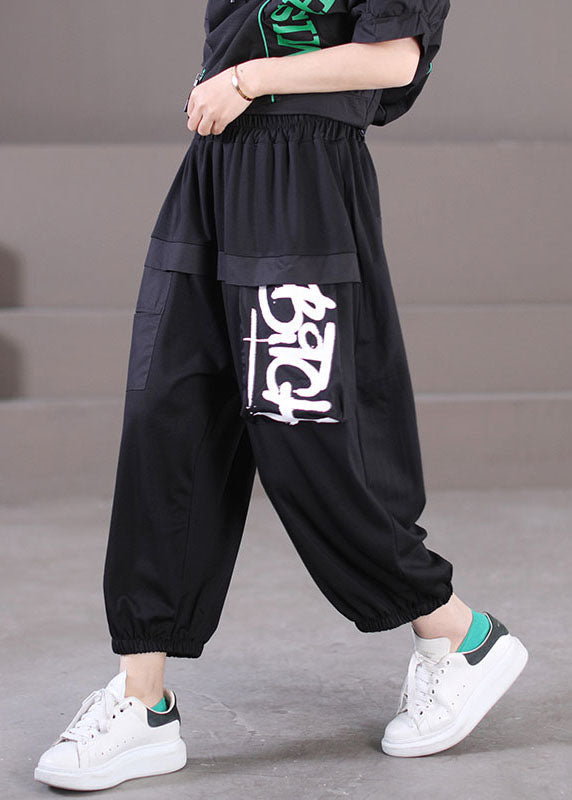 Casual Black Elastic Waist Pockets Letter Print Cotton Crop Pants Summer