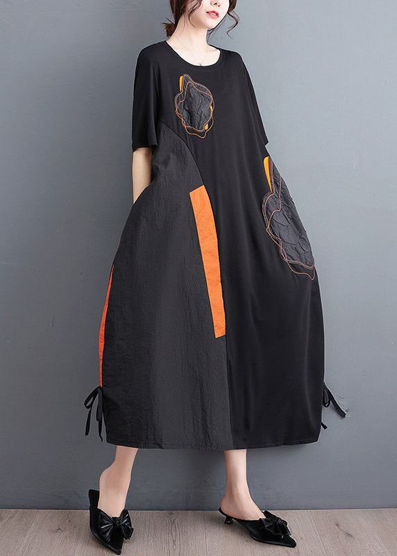 Casual Black Embroidered Floral Drawstring Long Dress Short Sleeve