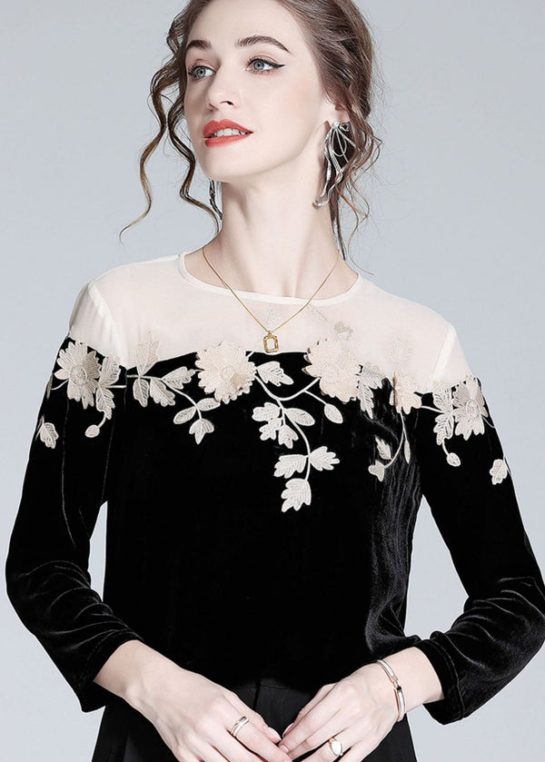 Casual Black Embroidered Patchwork Silk Velour T Shirt Spring