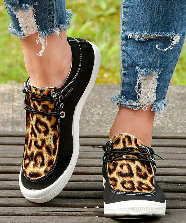 Casual Black Leopard Print Flat Feet Shoes Splicing Lace Up Flat Feet Shoes