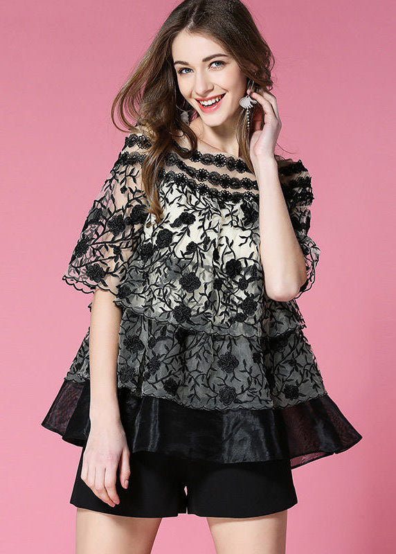 Casual Black O-Neck Embroidered Organza Tops Summer