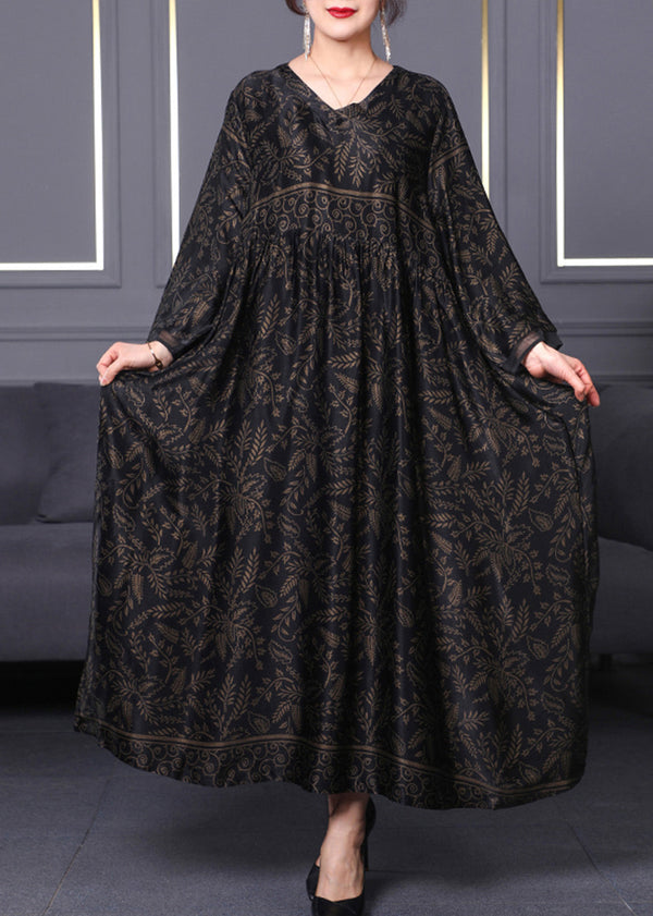 Casual Black O-Neck Print Silk Maxi Dress Long Sleeve