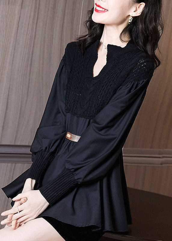 Casual Black V Neck Knit Patchwork Chiffon Shirt Top Long Sleeve