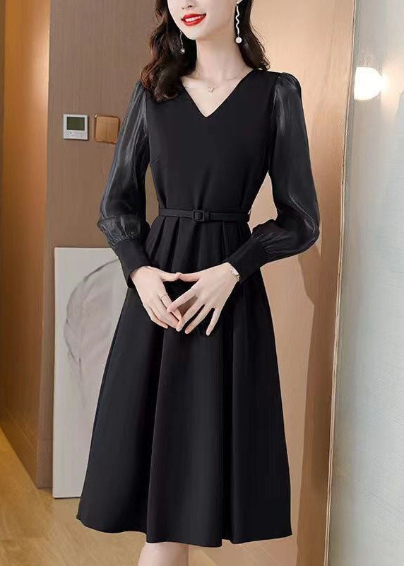 Casual Black V Neck Patchwork Spandex Dress Spring