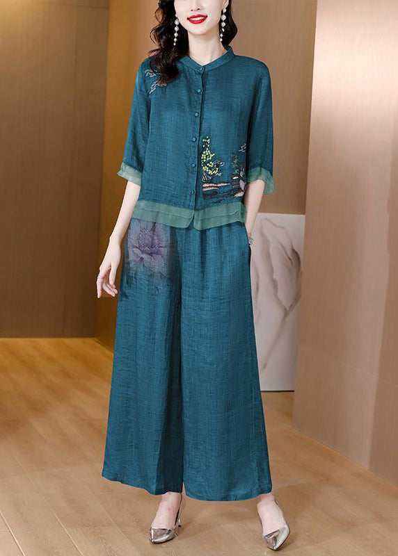 Casual Blackish Green Embroidered Patchwork Linen Two Pieces Set Summer