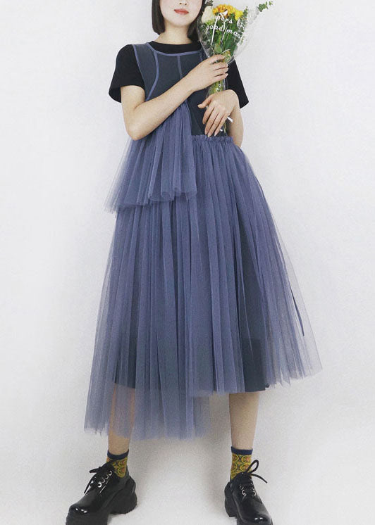 Casual Blue Asymmetrical Design Tulle Robe Dresses Long Smock Summer