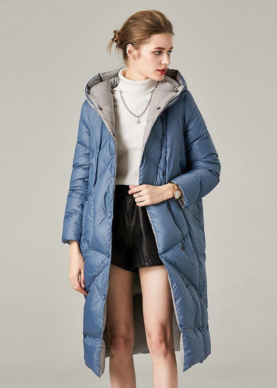 Casual Blue Hooded Pockets Duck Down Down Coat Winter