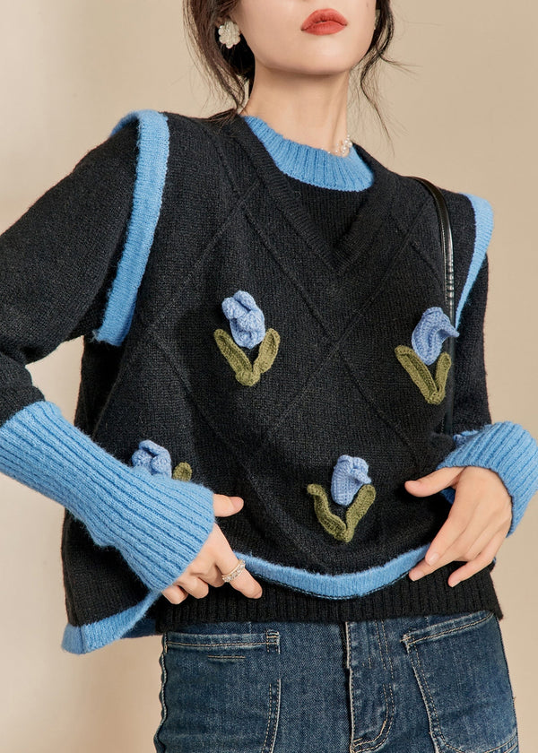 Casual Blue O-Neck Patchwork Cotton Knit Sweaters Winter