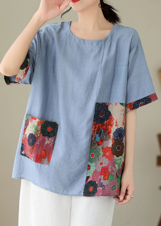 Casual Blue O Neck Print Patchwork Cotton T Shirt Summer