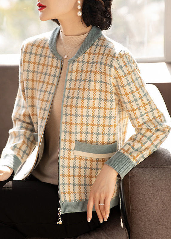 Casual Blue O-Neck Zip Up Pockets Plaid Knit Jackets Fall