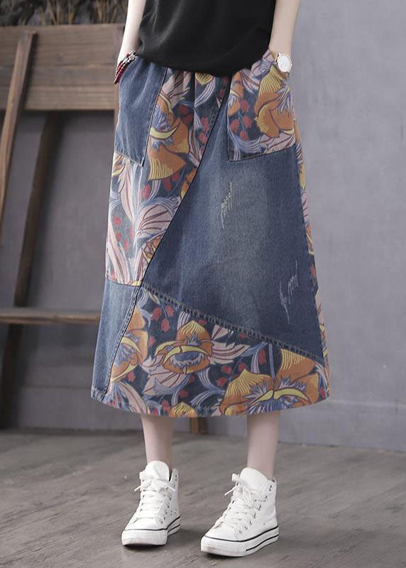 Casual Blue Pockets Print Patchwork Elastic Waist Denim Skirt Spring