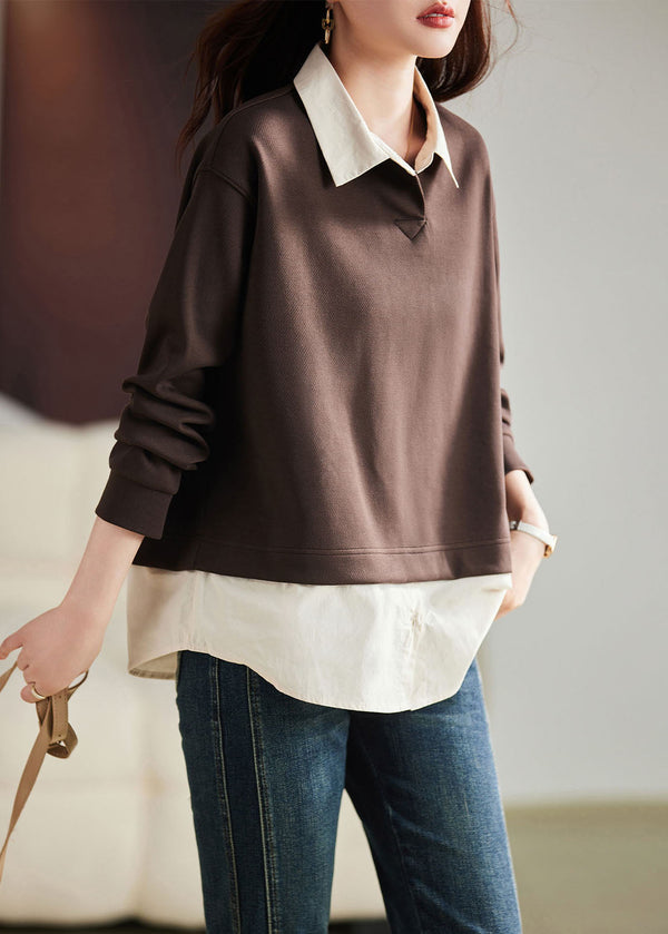 Casual Coffee Peter Pan Collar Patchwork Fake Two Pieces Pullover Long Sleeve