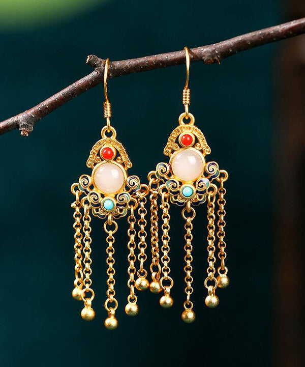 Casual Colorblock Ancient Gold Jade Turquoise Tassel Drop Earrings