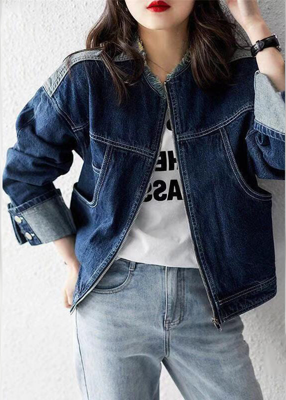 Casual Denim Blue O-Neck Zippered Patchwork Coat Long Sleeve