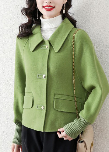 Casual Grass Green Peter Pan Collar Woolen Jacket Spring