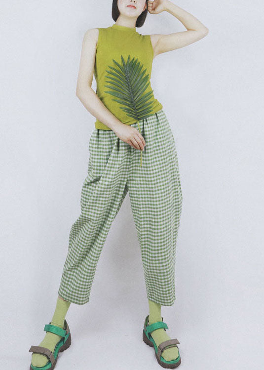 Casual Green Elastic Waist Pockets Plaid Cotton Crop Pants Summer