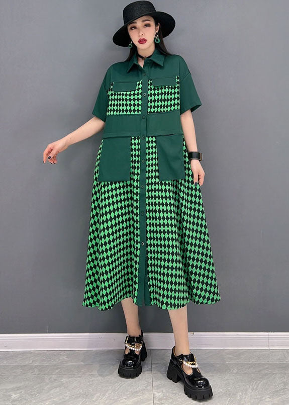 Casual Green Peter Pan Collar Patchwork Print Chiffon Party Dress Short Sleeve