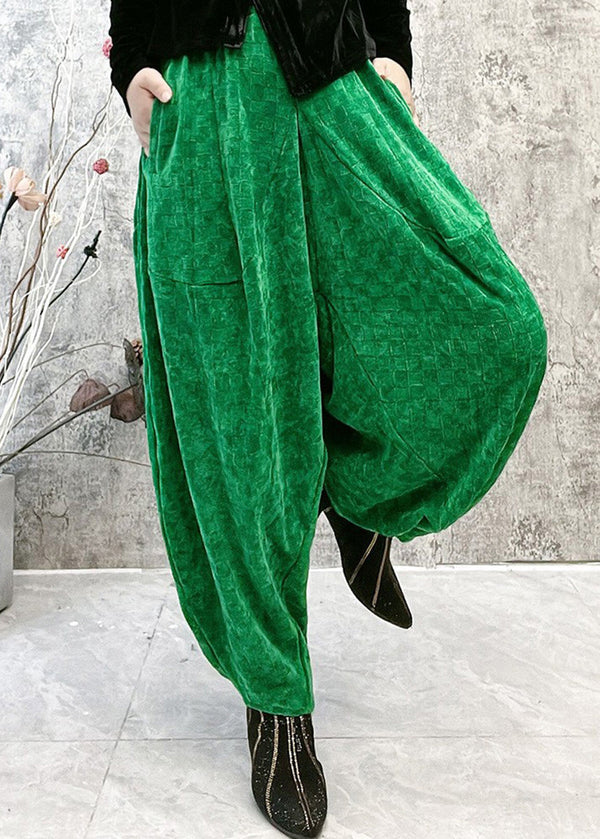 Casual Green Plaid Elastic Waist Velour Lantern Pants Spring