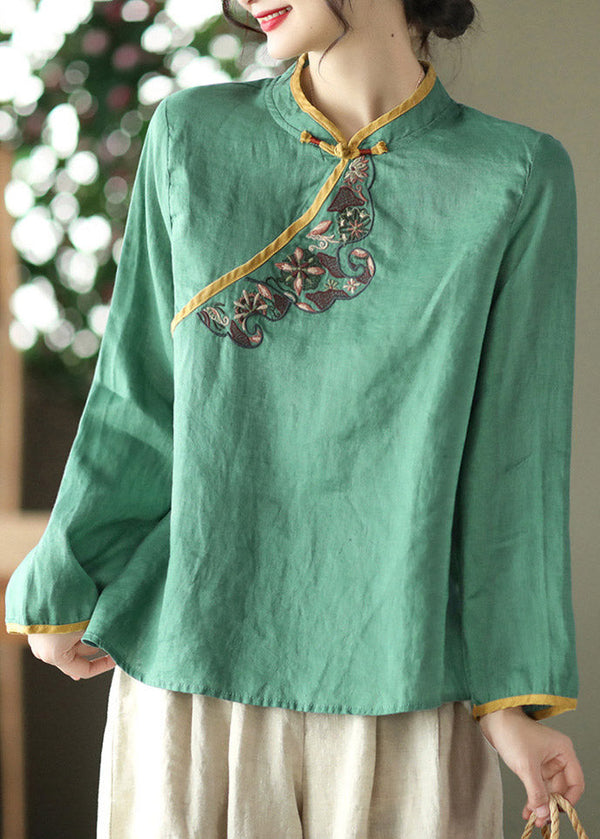 Casual Green Stand Collar Embroidered Button Linen Shirt Long Sleeve