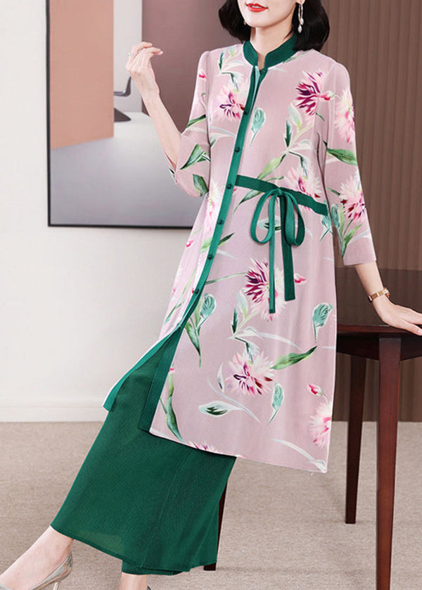 Casual Green Stand Collar Patchwork Tie Waist Two Pieces Set Spring