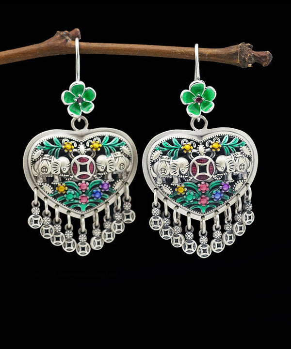 Casual Green Sterling Silver Heart Floral Tassel Drop Earrings