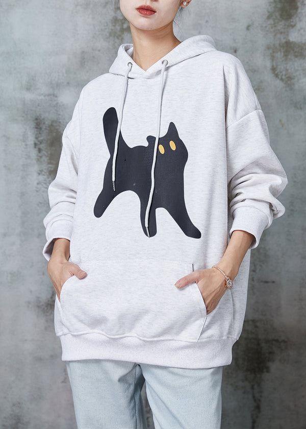 Casual Grey Hooded Cat Print Warm Fleece Sweatshirt Tops Spring