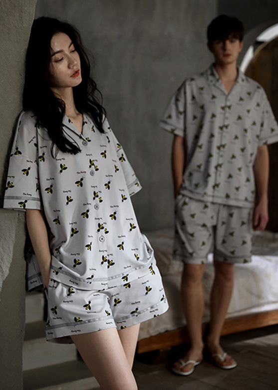 Casual Grey Peter Pan Collar Print Button Cotton Couple Pajamas Two Pieces Set Summer