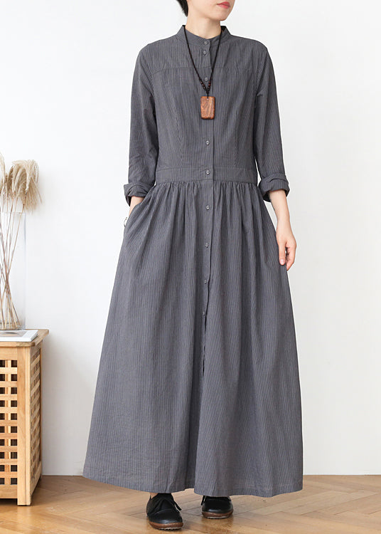 Casual Grey Stand Collar Striped Cotton Shirts Dress Fall