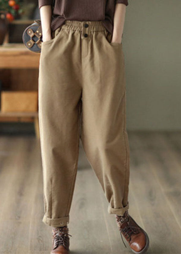 Casual Khaki Elastic Waist Oversized Cotton Harem Pants Fall