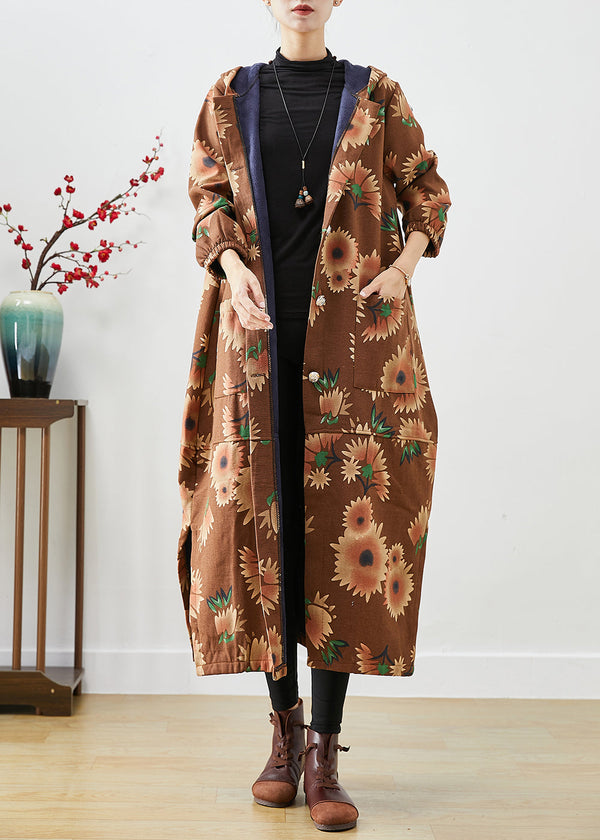 Casual Khaki Hooded Floral Print Warm Fleece Coats Winter