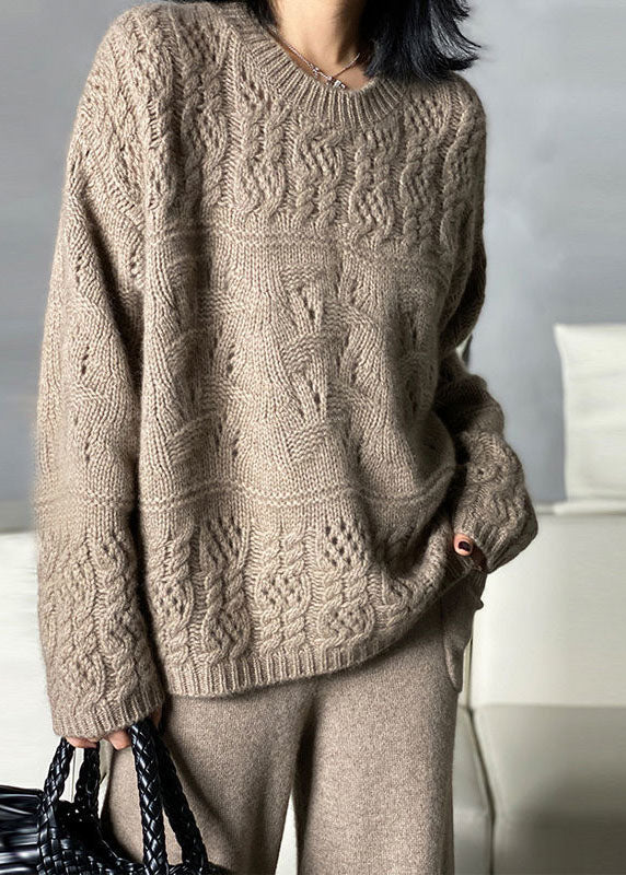 Casual Khaki O-Neck Oversized Thick Hollow Out Knitted Tops Winter