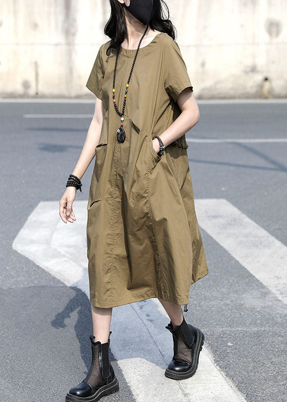 Casual Khaki O Neck Ruffled Patchwork Cotton Dress Summer