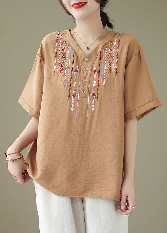 Casual Khaki Oversized Embroidered Cotton Blouse Tops Summer