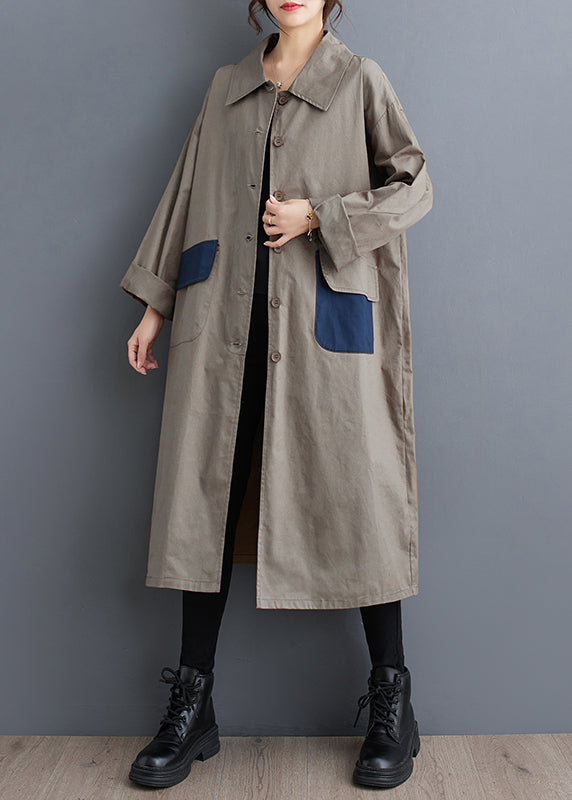 Casual Khaki Peter Pan Collar Pockets Cotton Trench Fall