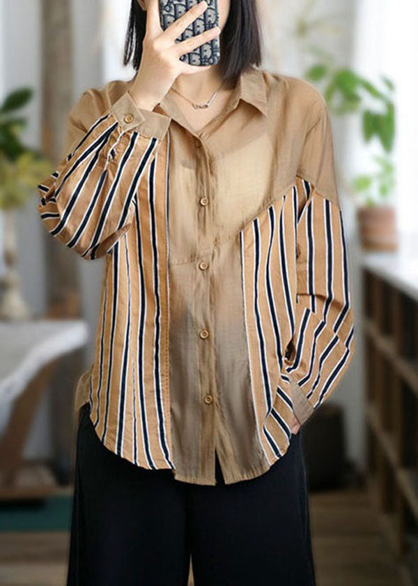 Casual Khaki Peter Pan Collar Striped Patchwork Cotton Top Spring