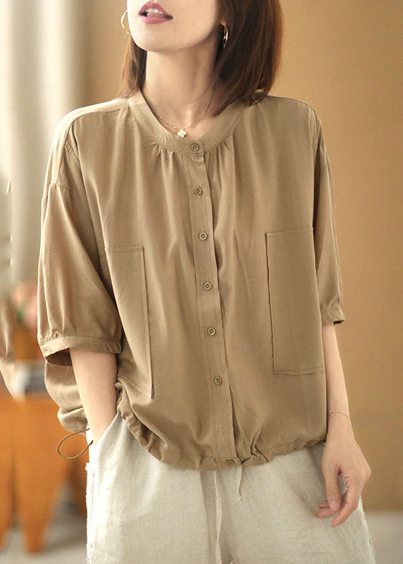 Casual Khaki Stand Collar Drawstring Button Silk Shirt Top Bracelet Sleeve