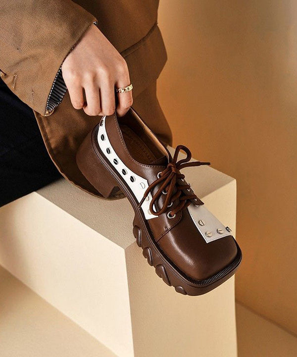 Casual Lace Up Chunky High Heels Brown Cowhide Leather Loafers For Women