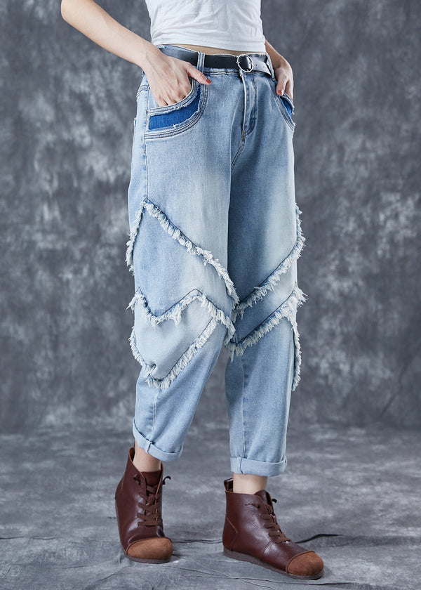 Casual Light Blue Oversized Patchwork Tassel Denim Pants Summer