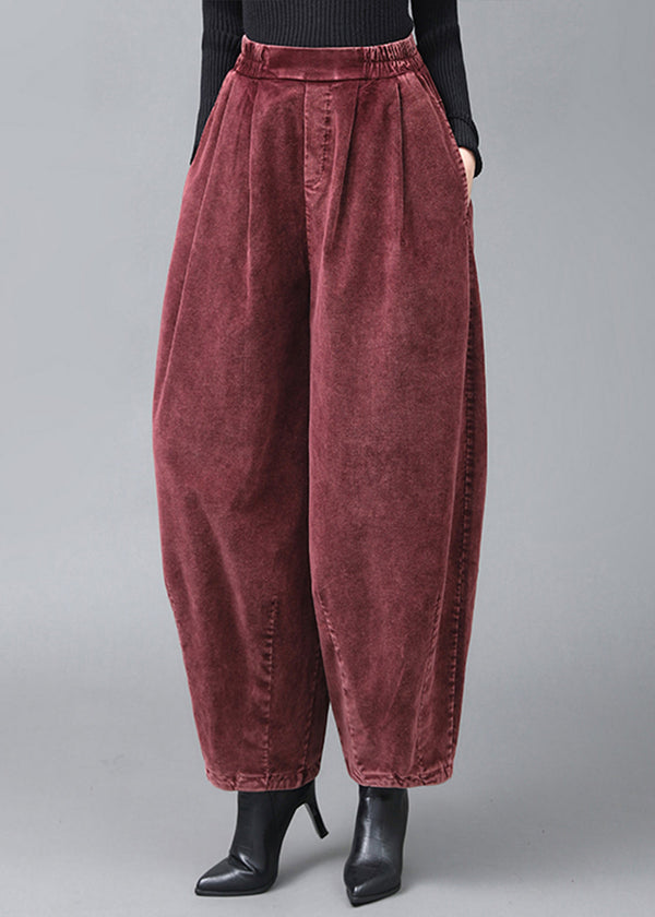 Casual Mulberry Wrinkled Pockets Corduroy Lantern Pants Fall