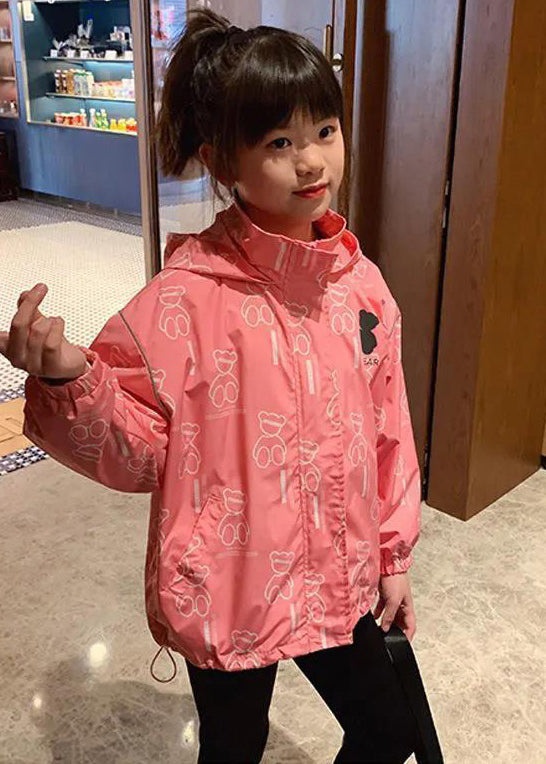 Casual Pink Hooded Print Drawstring Cotton Girls Coats Long Sleeve