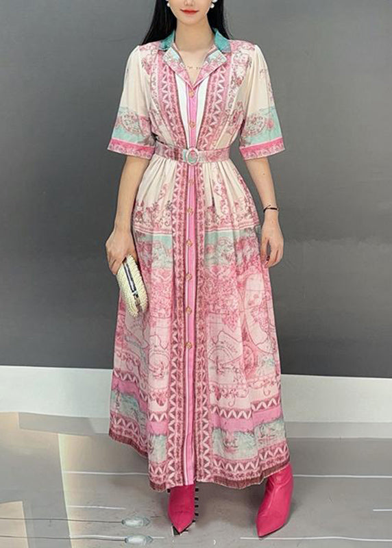 Casual Pink Notched Print Tie Waist Long Dresses Short Sleeve