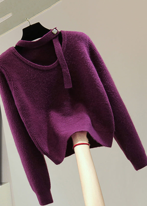 Casual Purple O-Neck Cozy Cotton Knit Sweaters Winter